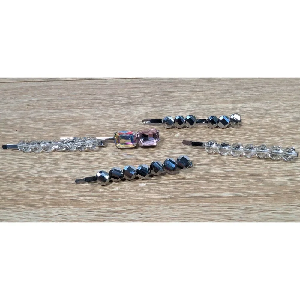 Rhinestone Hair Clip Lot Beaded Barrettes Silver Clear Pink Glam Sparkle